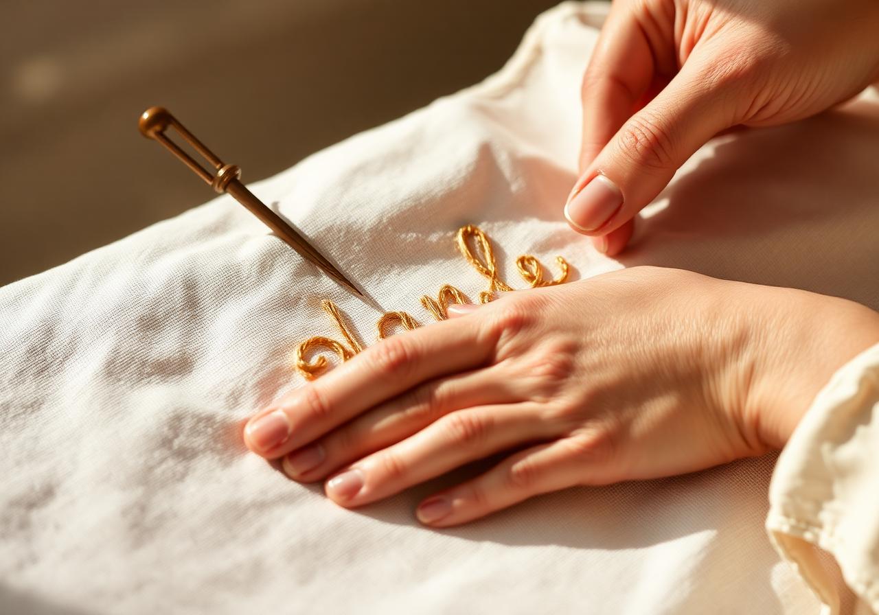 Hands embroidering a name in gold thread